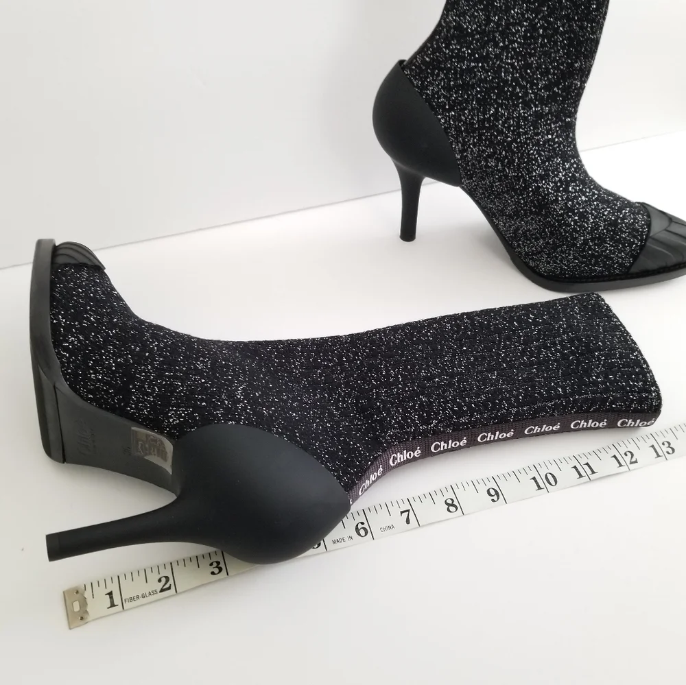 Chloe Lurex Knitted High Heel Elastic Sock Ankle Boots Size 36 Black Sil… - Picture 12 of 14
